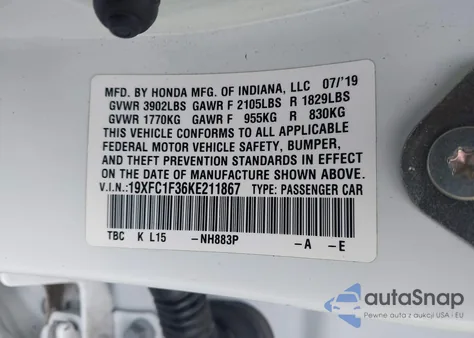 2019 Honda Civic Ex from USA, damaged, VIN 19XFC1F36KE211867